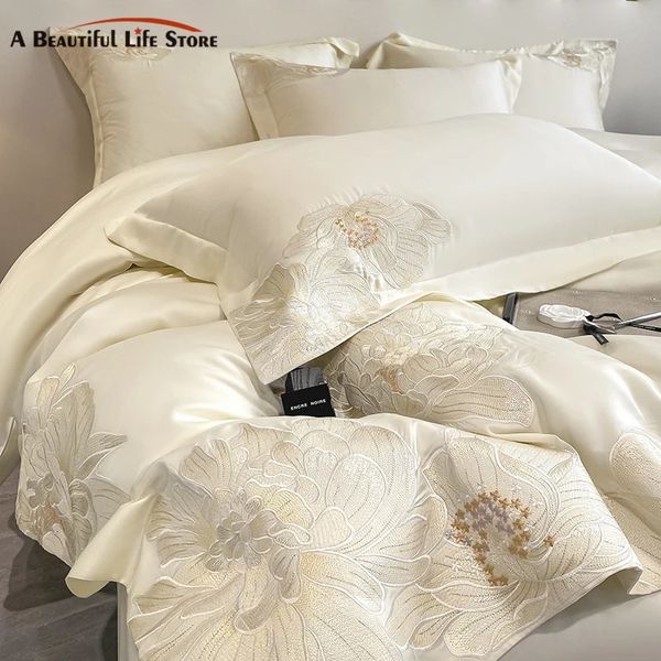 Conjuntos de cama Milkshake Branco 600TC Algodão Egípcio Flores Bordado Conjunto de Cama 100% Algodão Duvet Cover Set Cama Folha Fronha Queen King 231101