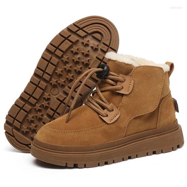 Botas crianças menino meninas sapatos de inverno quente ao ar livre antiderrapante couro andando tênis de pelúcia unisex bebê tornozelo tamanho 23-34