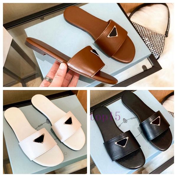 Venda Mulheres Designers Chinelo Sandálias Flat Slides Flip Flops Verão Genuíno Triângulo Couro Ao Ar Livre Mocassins Sapatos de Banho Beachwear Chinelos Preto Branco Prad EUR35-41