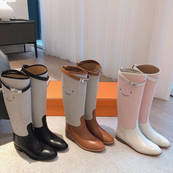 Botas de equitação de couro de salto clássico joelho-alto cavaleiro logotipo-guia dedo do pé redondo deslizamento-on chelsea botas apartamentos saltos de luxo designer feminino sapatos de moda calçados de fábrica