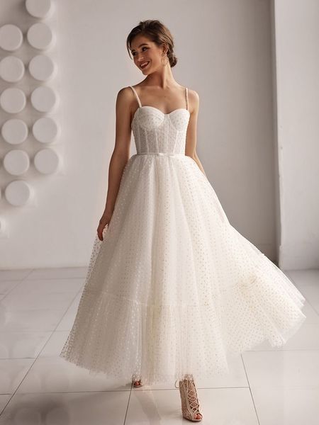 Vestido de noiva curto da princesa 2023 uma linha, sweetheart spaghetti tiras do tule bidal vestido de noiva Boho Lace para trás do tornozelo