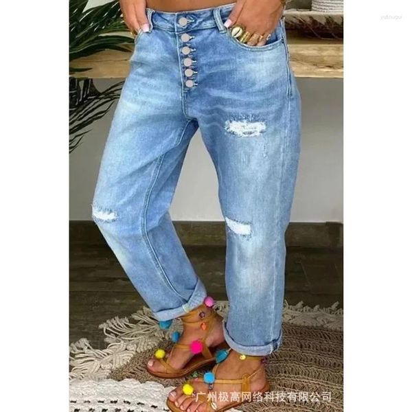 Jeans da donna strappati dritti da donna eleganti bottoni alla moda pantaloni in denim larghi a vita alta fidanzato per abiti Y2K streetwear