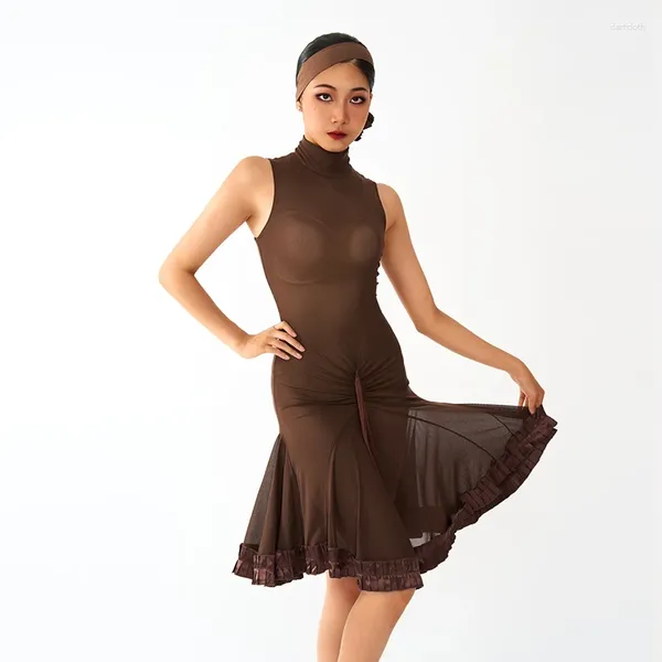 Stage Wear Marrone Collo alto Vestito da ballo latino Donna Senza maniche Costume da competizione Samba Tango Abiti da ballo Pratica DL11035