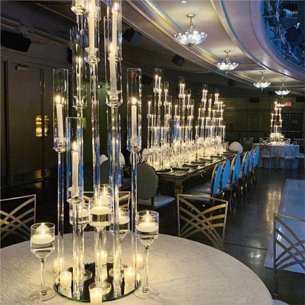 Castiçais de luxo 10 braços base redonda alta clara cristal acrílico candelabros centrais para mesa de casamento ab0019