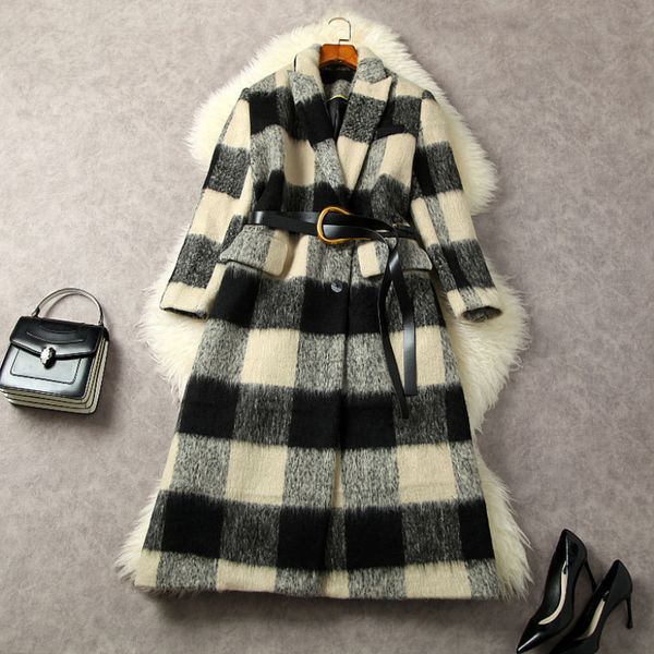 Spring Black Plaid Belted Wool Blends Outwear Coat Long Sleeve Revers Buttons Classic Long Outwear Coats L2N242194