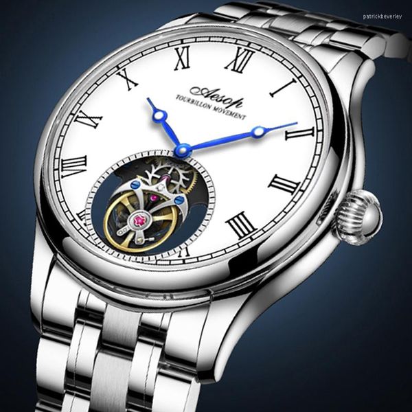 Нарученные часы Aesop Manual Tourbillon Movement Men Men Watch Luxury Sapphire Flying Mechanical Watches для модного скелета Водонепроницаемость