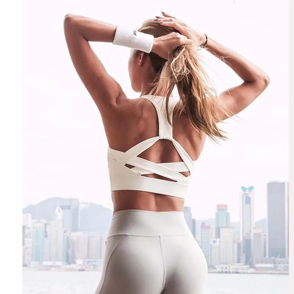 Sutiã branco cinta push up esportes para mulheres ginásio correndo yoga topo atlético colete oco para fora roupas esportivas 231031