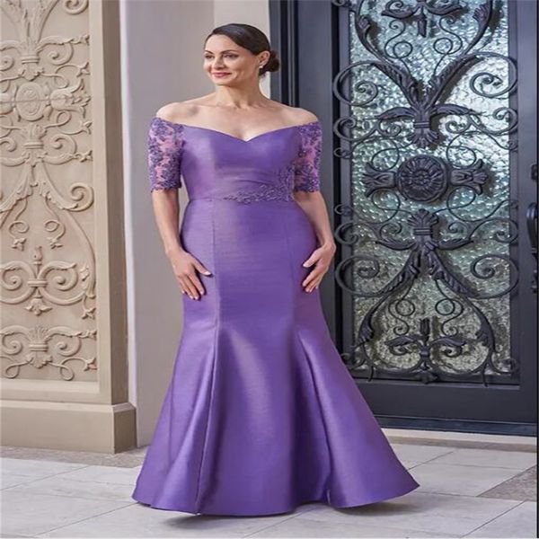 Modesto cetim roxo mãe da noiva vestidos ternos-vestido fora do ombro mangas curtas sereia até o chão vestido de noite