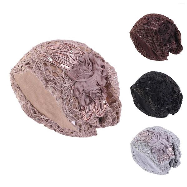 Berretti Fashion Lady Lace Muslim Ruffle Hat Beanie Scarf Turban Head Wrap Cap Stile etnico Paillettes Grande orecchio di fiori