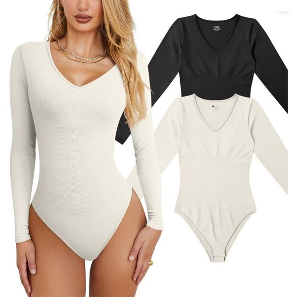 Damen Shapers Frauen V-Ausschnitt Langarm Tanga Body Einfarbig Einfarbig Dünn Bodycon Strampler Top Gerippt Strick Empire Taille Overalls M6CD