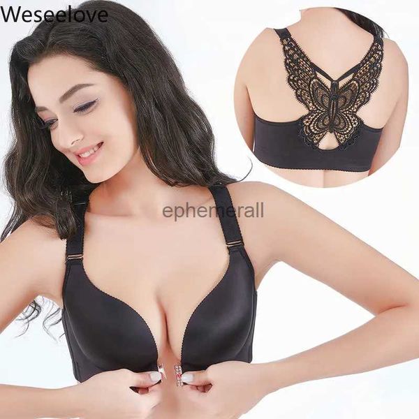 BHs Weseelove Plus Size Sexy Push-Up-BH mit Frontverschluss, Schmetterlings-Büstenhalter, rückenfrei, Bralette, Brust, nahtlose BHs für Frauen, D E 120 YQ231101