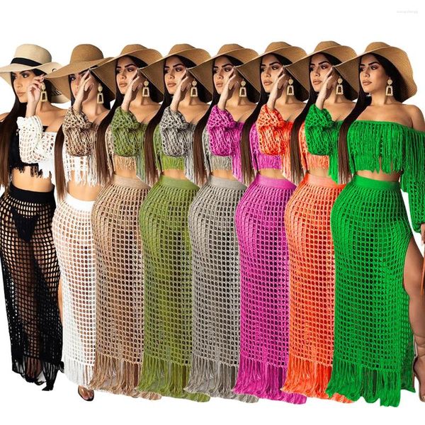 Vestidos de trabalho sexy crochê praia saia define slash neck manga longa colheita superior e saias divididas feminino borla 2 peça verão clássico outfit