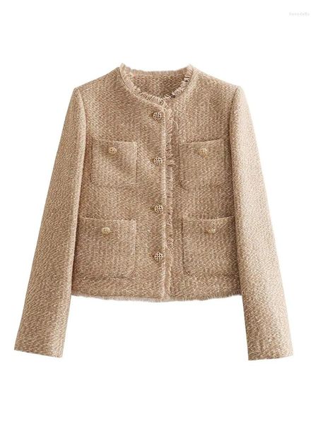 Jaquetas femininas outono jaqueta 2023 moda único breasted tweed verificar blazer casaco vintage manga longa bolsos feminino outerwear chique