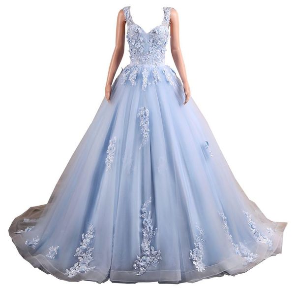 Quinceanera-Kleider, Prinzessin, himmelblau, Blumen, Applikationen, Perlenstickerei, tiefer V-Ausschnitt, Tüll, Ballkleid, Schnürung, Übergröße, Sweet 16 Debütantin, Party, Geburtstag, Vestidos de 15 Anos Q20