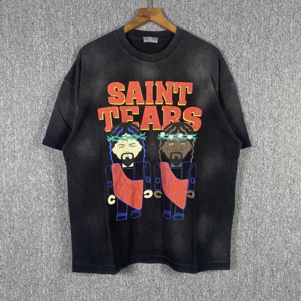 Saint Tears Cartoon Schwarz-Weiß-Charakterdruck Waschbares altes Unisex-T-Shirt mit Rundhalsausschnitt und kurzen Ärmeln