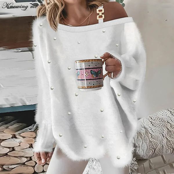 Kadın Sweaters 2023 Kış Seksi Kapalı Omuz Knited Kadınlar için Sıradan Gevşek Külot Kadın Moda Jumper Sıcak Sokak Giyim Örgüsü 231031