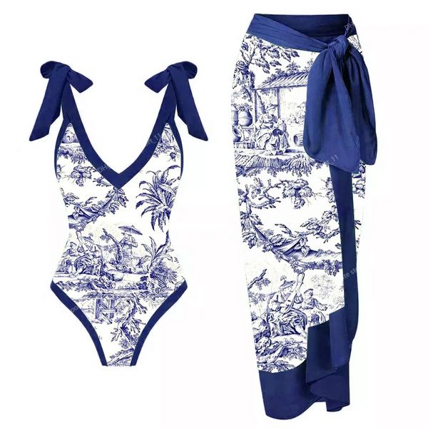 Einfacher einteiliger Damen-Badeanzug, Vintage-Druck, tiefer V-Bikini, Kimono, 2023, neue modische Cover-Up-Bademode, Sommer-Strandkleidung, Badeanzüge, Auto-Telefone