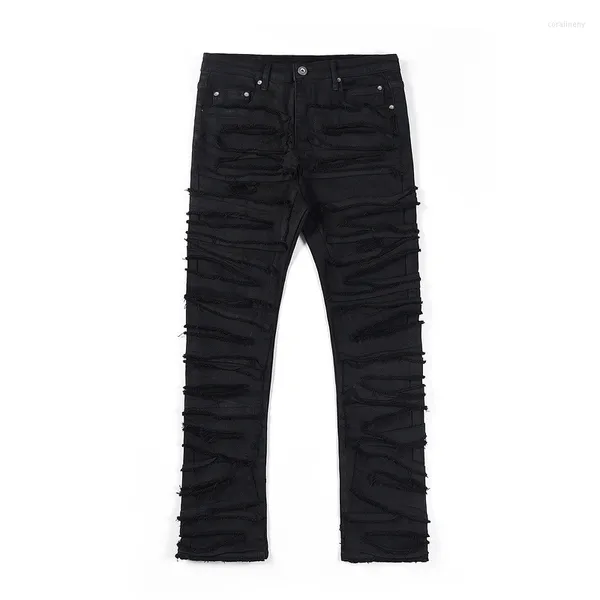 Herren Jeans Fashion Damage Patch Wash Schwarz Herren Casual Straight Pocket Waist Pants Paare Street Hip-Hop Retro Stretchhose