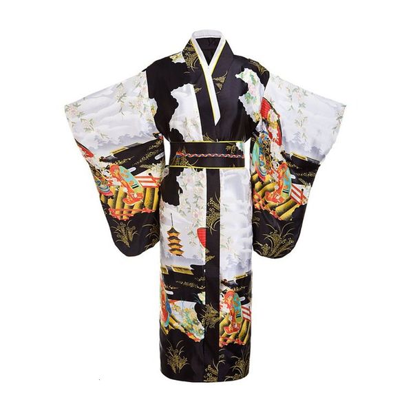 Abbigliamento etnico Black Woman Lady Tradizione giapponese Yukata Kimono con fiore Obi Abito da sera vintage Costume cosplay Taglia unica ZW01 230331