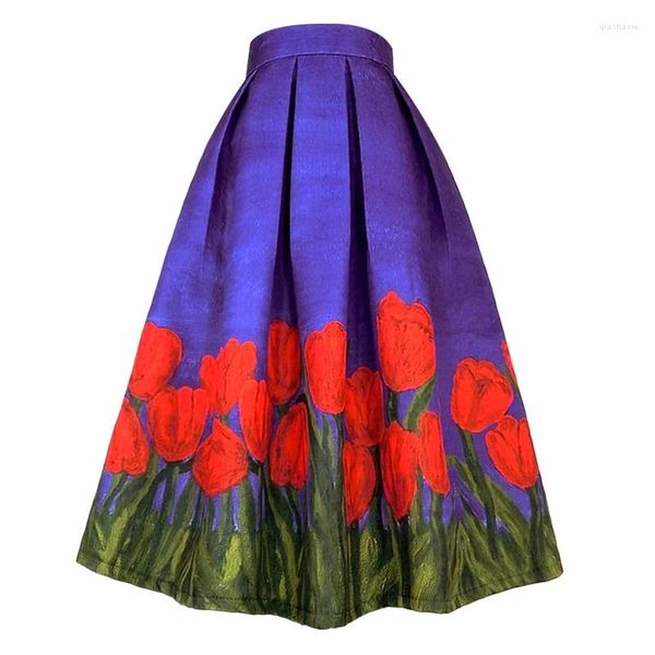 Юбки 2023, осень, корейский стиль, женские винтажные эстетические элегантные красные тюльпаны, цветочный принт, высокая талия, длинная плиссированная юбка-миди для праздника