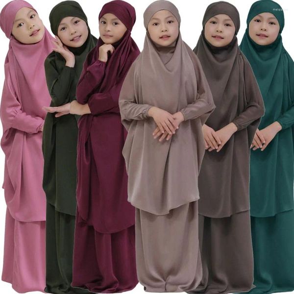 Abbigliamento etnico 2 pezzi Musulmani Ragazze per bambini Abito Hijab in testa Abaya Set Bambino islamico Ramadan Preghiera Burka Arabo Khimar Foulard Gonna Niqab