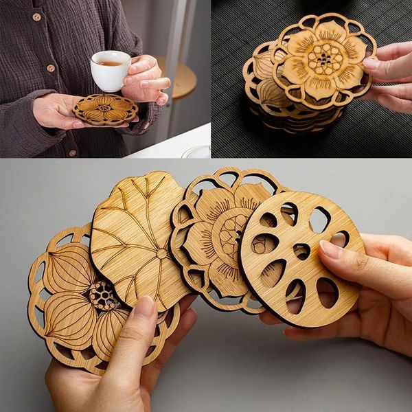 Runner da tavolo Sottobicchiere in bambù Tappetino in legno a forma rotonda Radice di loto Tazza per tè e caffè Tovagliette per accessori da cucina 231101