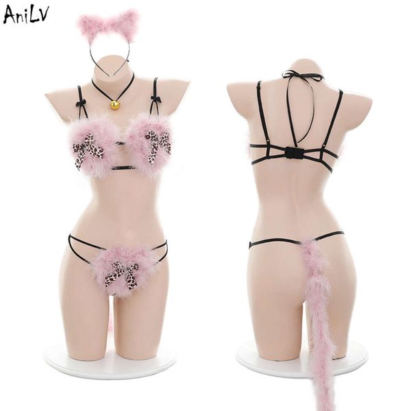 Ani kawaii menina pouco xat rosa peludo biquíni com taill maiô traje feminino quente leopardo arco lingerie pamas cosplay