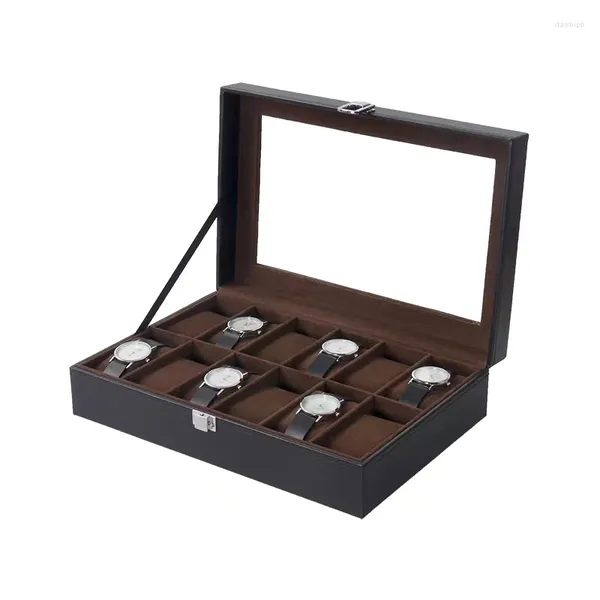 Uhrenboxen 6/10/12Grids PU-Leder Box Display Halter Schwarz Aufbewahrungskoffer Glas Schmuck Organizer für Männer Frauen Geschenk