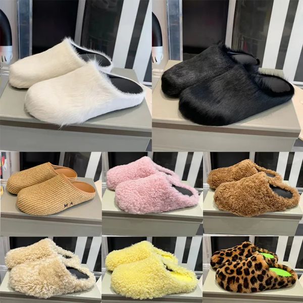 Fussbett Sabot Sandalet Terlik Erkek Kadın Kış Slaytları Rafya Plajı Loafers Uzun Lüks Tasarımcı Buzağı Saç Deri Shearling Jacquard Mules Kayma