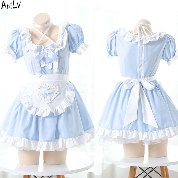 Ani doce menina anime lolita azul vestido de empregada traje uniforme feminino bonito avental camisola roupa cosplay cosplay