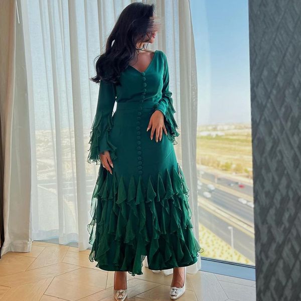 Rüschen, knöchellanges Ballkleid, V-Ausschnitt, lange Ärmel, kurzes formelles Partykleid, Cocktailkleid mit Vorderknopf, Saudi-Arabien, Damenbekleidung