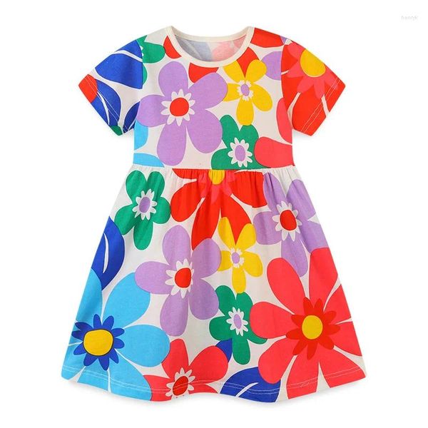 Mädchen Kleider RF9231 2023 Sommer Mädchen Kleid Gestrickte Baumwolle Kurzarm Blumen Druck Prinzessin