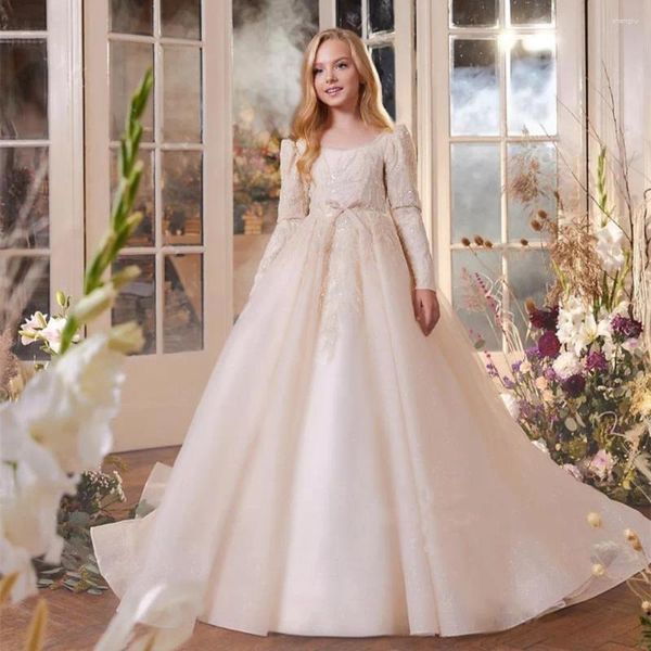 Mädchen Kleider Champagner Blume Für Hochzeit Glitter Pailletten Tüll Lange Ärmel Kinder Geburtstag Festzug Kleider Kind Party Kleid