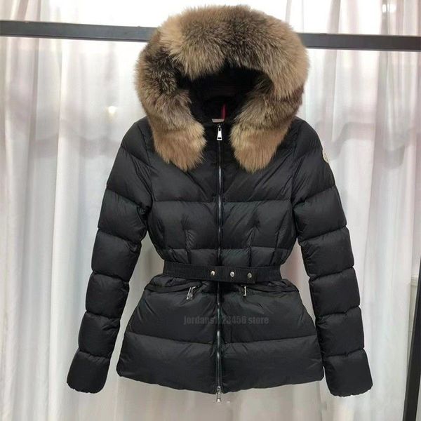 Luxuriöse Damen-Daunenjacken, Fuchspelzkragen, Pelzmäntel, warme Modedesigner-Parkas, Winterdame, schwarz, schmal geschnittene, taillierte Jacke