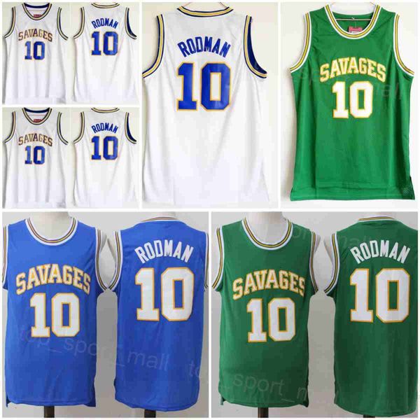 Oklahoma Savages Basketball Dennis Rodman Maglie 10 High School College University Team Verde Bianco Blu Tutto cucito per gli appassionati di sport Camicia NCAA traspirante