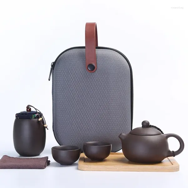 Set da tè Set da tè da viaggio Borsa portatile Tazza rapida Una pentola Due tazze Teiera di sabbia viola