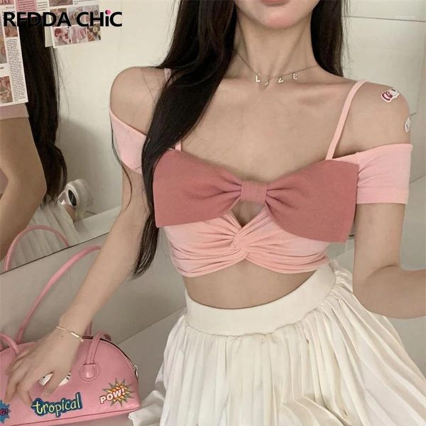 Canotte da donna REDDACHiC Bowtie Hollow-out Donna Crop Top Y2k Color Block Off-spalla Kawaii Corsetto rosa Tee Canotta Coreano Streetwear