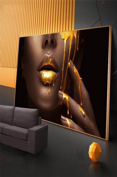 Tamanho grande rosto feminino com pintura em tela líquida dourada na parede posters e impressões imagens decorativas para sala de estar3877184