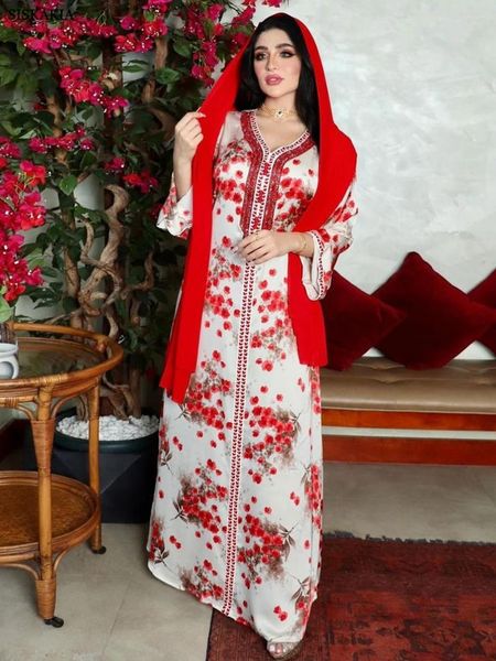 Abbigliamento etnico Abaya Dubai Turchia Abito hijab musulmano Diamanti di lusso Stampa floreale Scollo a V Nastro in pizzo Elegante festa casual Ramadan Modesto