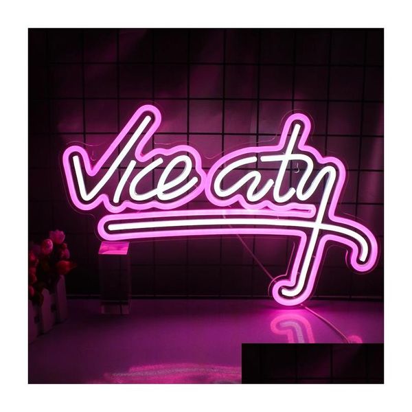 Objetos Decorativos Estatuetas Objetos Decorativos Estatuetas Wanxing Vice City Neon Sign Rosa Luzes Led Quarto Letras Game Room Bar Dhzfl