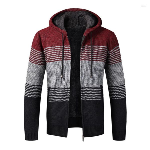 Camisolas masculinos suéter homens jaqueta de lã casual cardigan casacos grossos com capuz de lã Camiscelaats outono inverno quente retalhos tricotados