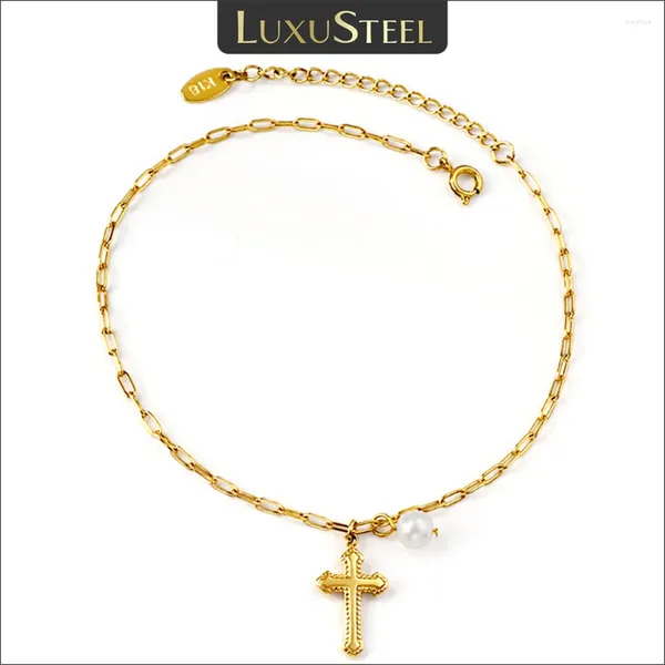 Tornozeleiras Luxusteel Cruz Pérola Charme para Mulheres Verão Acessórios de Praia Aço Inoxidável À Prova D 'Água Cor de Ouro Perna Pulseiras