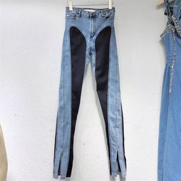 Kadın kot pantolon ince ince yüksek bel çatallı pantolon legging denim