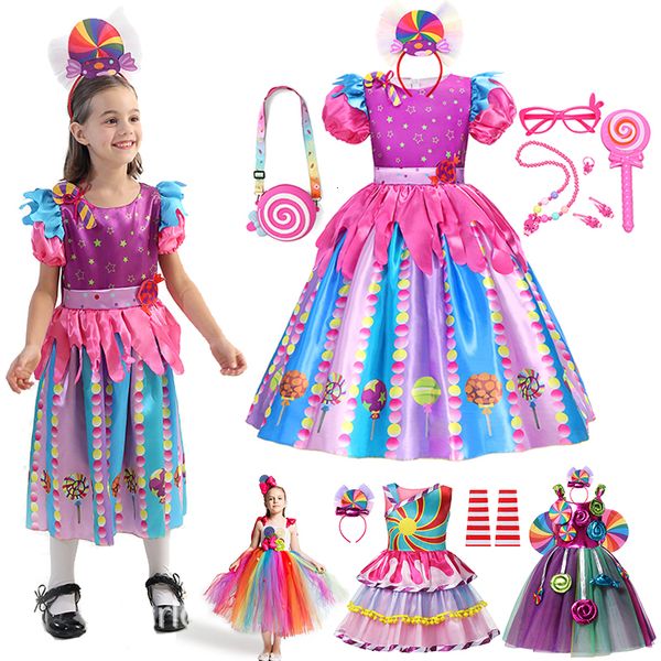 Cosplay Purim Girl's Rainbow Candy Candy Fantas Crianças Cosplay Lollipop Prind Princess Vestres com fita de mão de festa Roupas de festa 2-10Y 230331