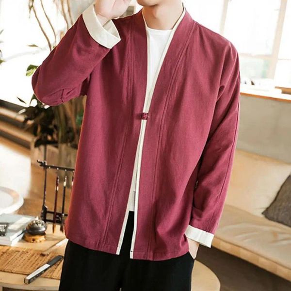 Jaquetas masculinas homens cardigan jaqueta estilo japonês costura aberta placket casaco vintage meia manga meia mangas painéis de cor outwear