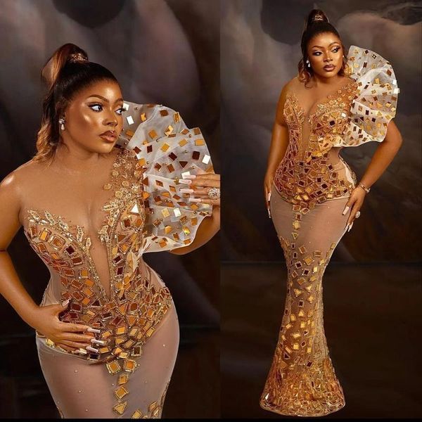Plus Size Ouro Aso Ebi Vestidos de Baile Sereia Um Ombro Assimétrico Tule Frisado Rehinestone Africano Nigéria Glitter Vestido de Noite Segundo Vestidos de Recepção
