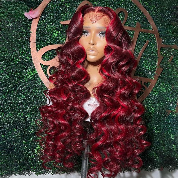 Синтетические парики Бразильские 99J темно -красное смещение выделяют парики с глубоким волнными париками для волос 13х4