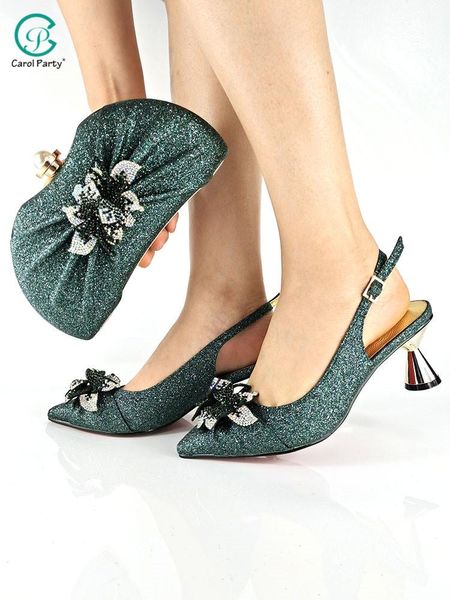 Abendschuhe 2023 Nigeiran Fashion Special Blumenstil Dekoration Italienisches Design Party Elegante Damen und Tasche in Avocado-Farbe