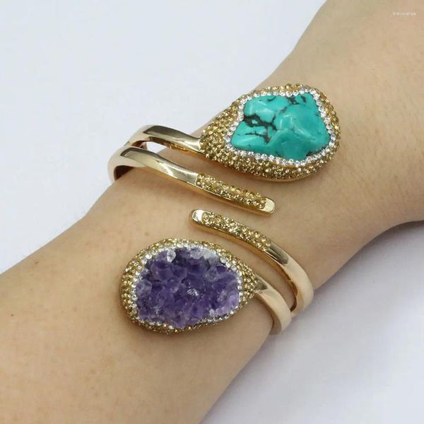 Bracciale rigido con pepita di turchese blu naturale, ametista viola, Druzy CZ, pavimentato a mano per signora