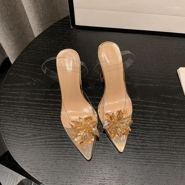 Sandalet sivri şeffaf PVC Elastik Kemer Kadın Kristal Çiçek Rhinestone Zarif Elbise Ayakkabı Yaz için Stiletto Pompaları